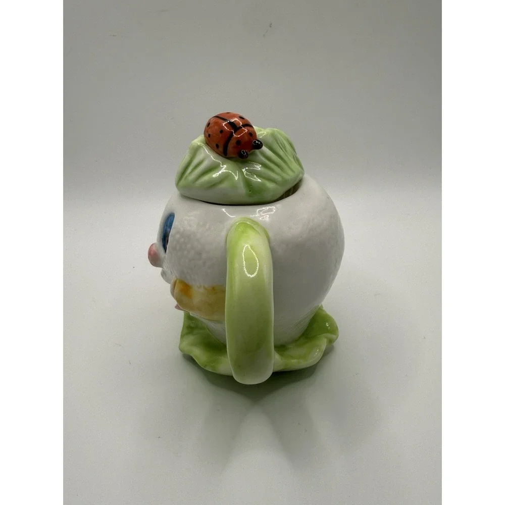 Anthropomorphic Vegetable Face Ceramic Teapot Ladybug Leaf Lid Smiling Goofy